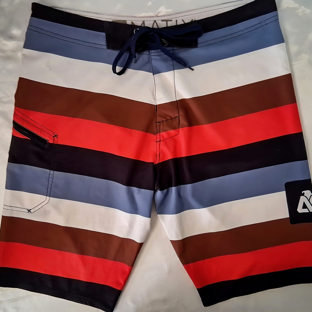 Matix Board Shorts Men's 34 Red Blue Black Striped Swim Trunks
